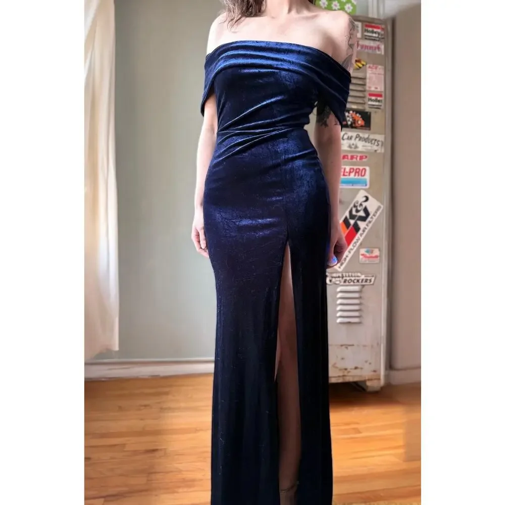 Vintage Y2K Velvet Maxi Dress | Navy Off Shoulder Column Slit Gown | S/M - Picture 10 of 11